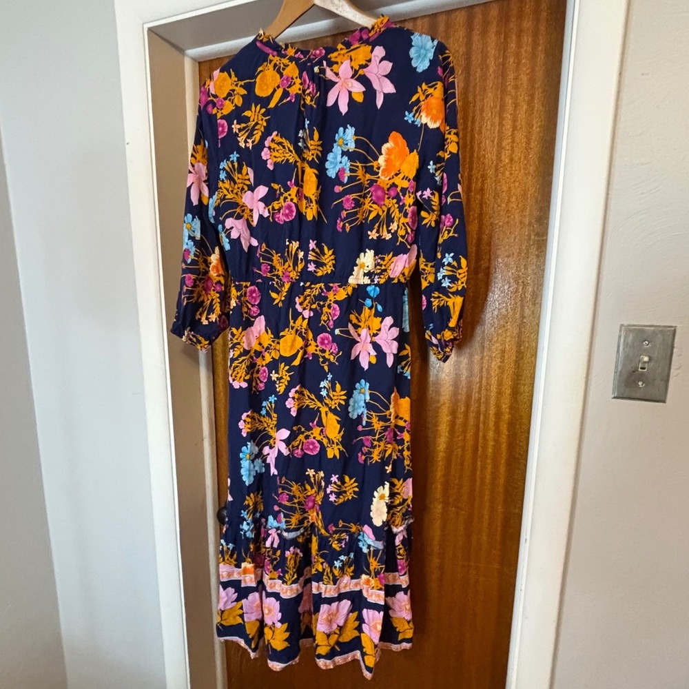 GIGIO Navy Blue Floral Boho High-Low Midi Dress Tie Neck 3/4 Sleeve Womens Large - Picture 2 of 10